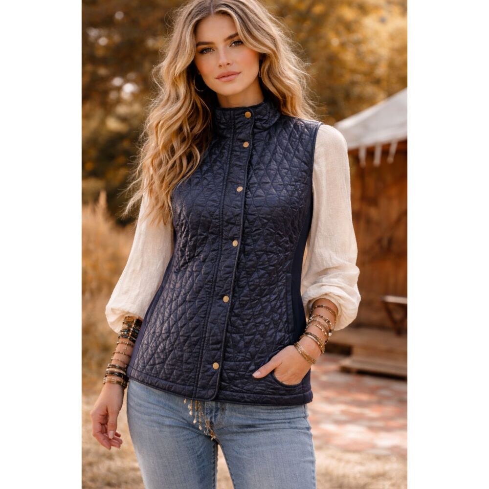 Talbots Quilted Puffer Vest Navy Diamond Stitch Sleeveless Lightweight Layering